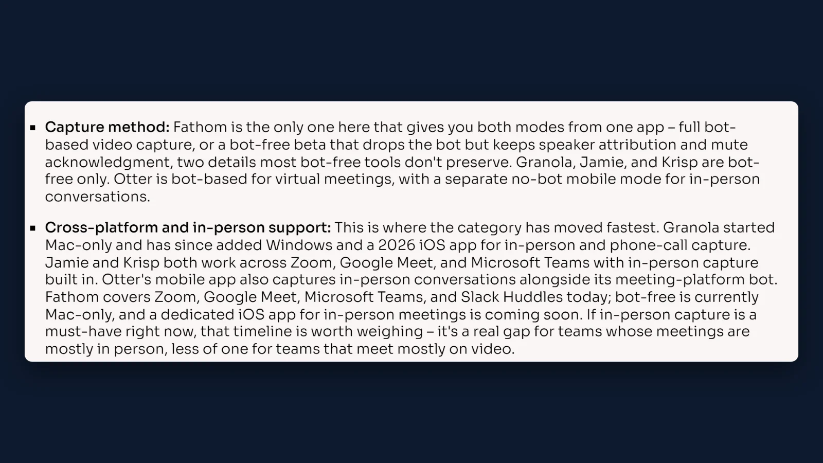 Fathom's guide to bot-free note takers: Fathom covers Zoom, Google Meet, Microsoft Teams and Slack Huddles; bot-free is currently Mac-only