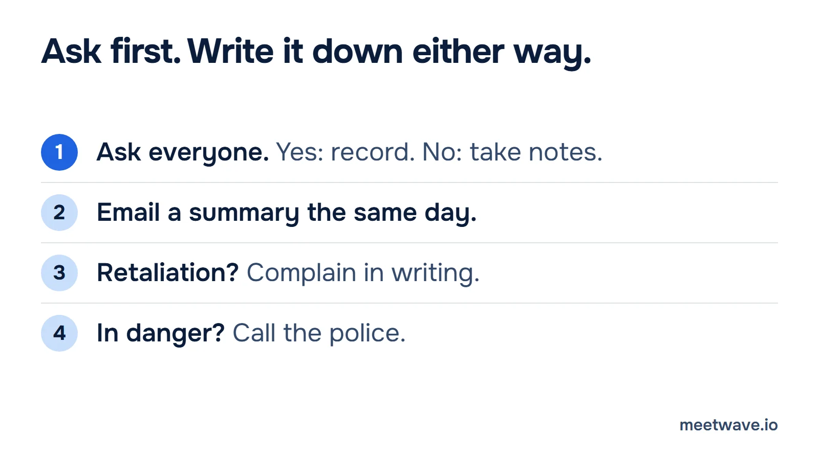 Four steps: ask everyone, record on a yes and take notes on a no; email a summary the same day; complain in writing about retaliation; call the police if you are in danger