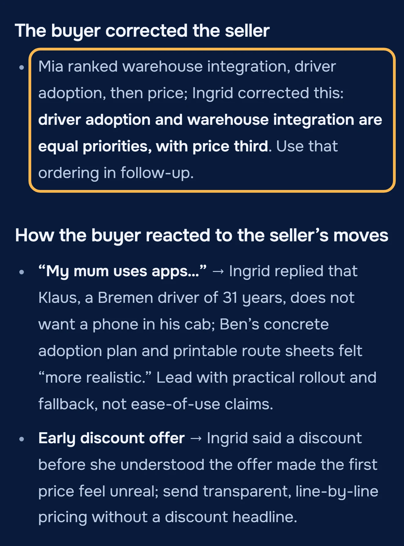 The buyer corrected the seller, and How the buyer reacted to the seller's moves, from the Routewise call notes: equal priorities, the my-mum line, the early discount