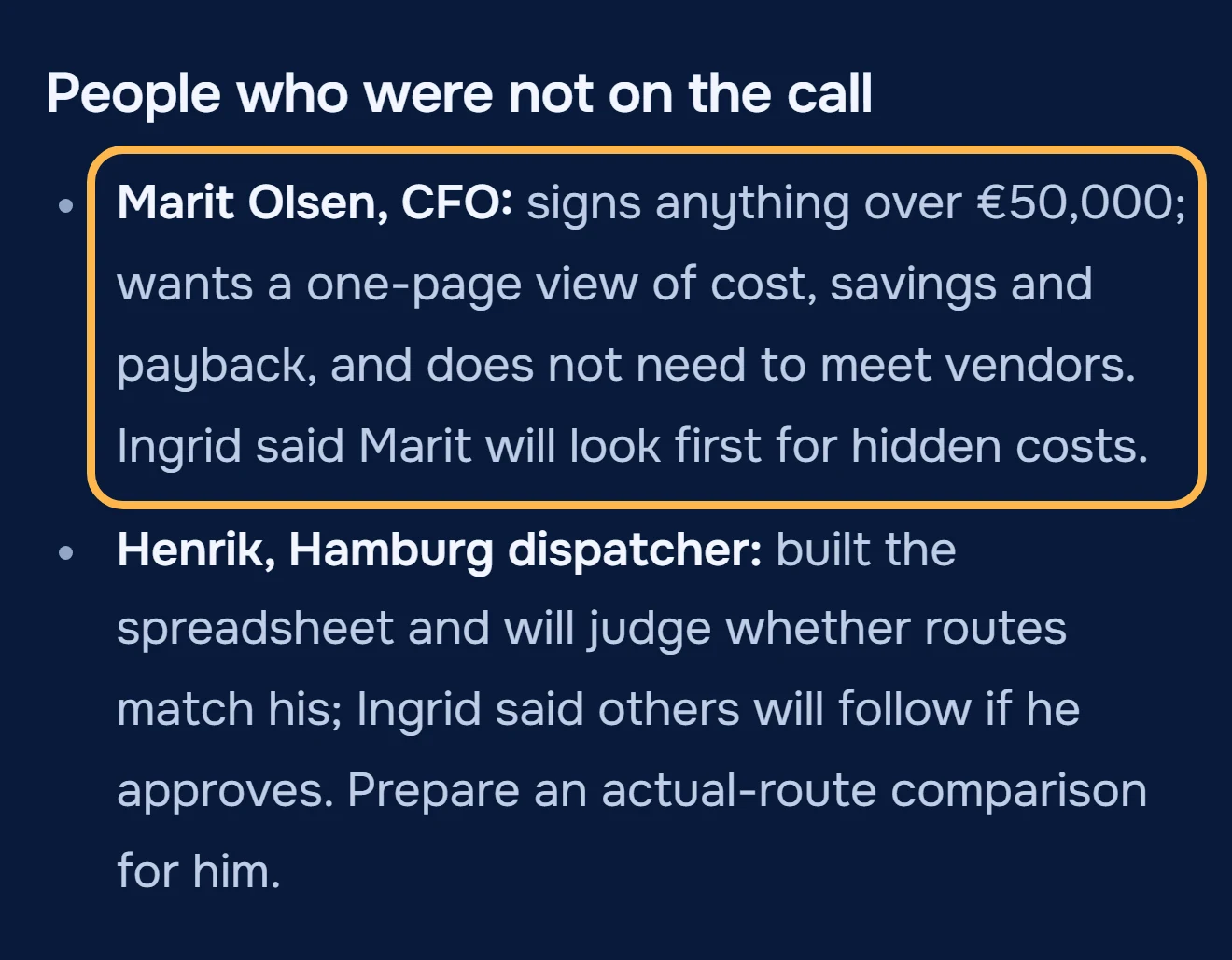 People who were not on the call from the Routewise notes: Marit Olsen, CFO, signs over 50,000 euros; Henrik, Hamburg dispatcher, judges the routes