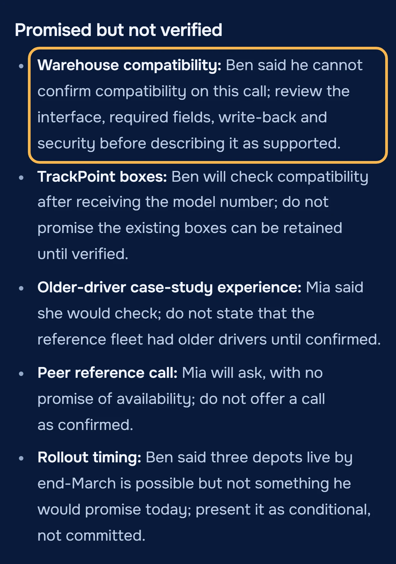 Promised but not verified block from the Routewise discovery call notes: warehouse compatibility, TrackPoint boxes, older-driver case study, peer reference call, rollout timing