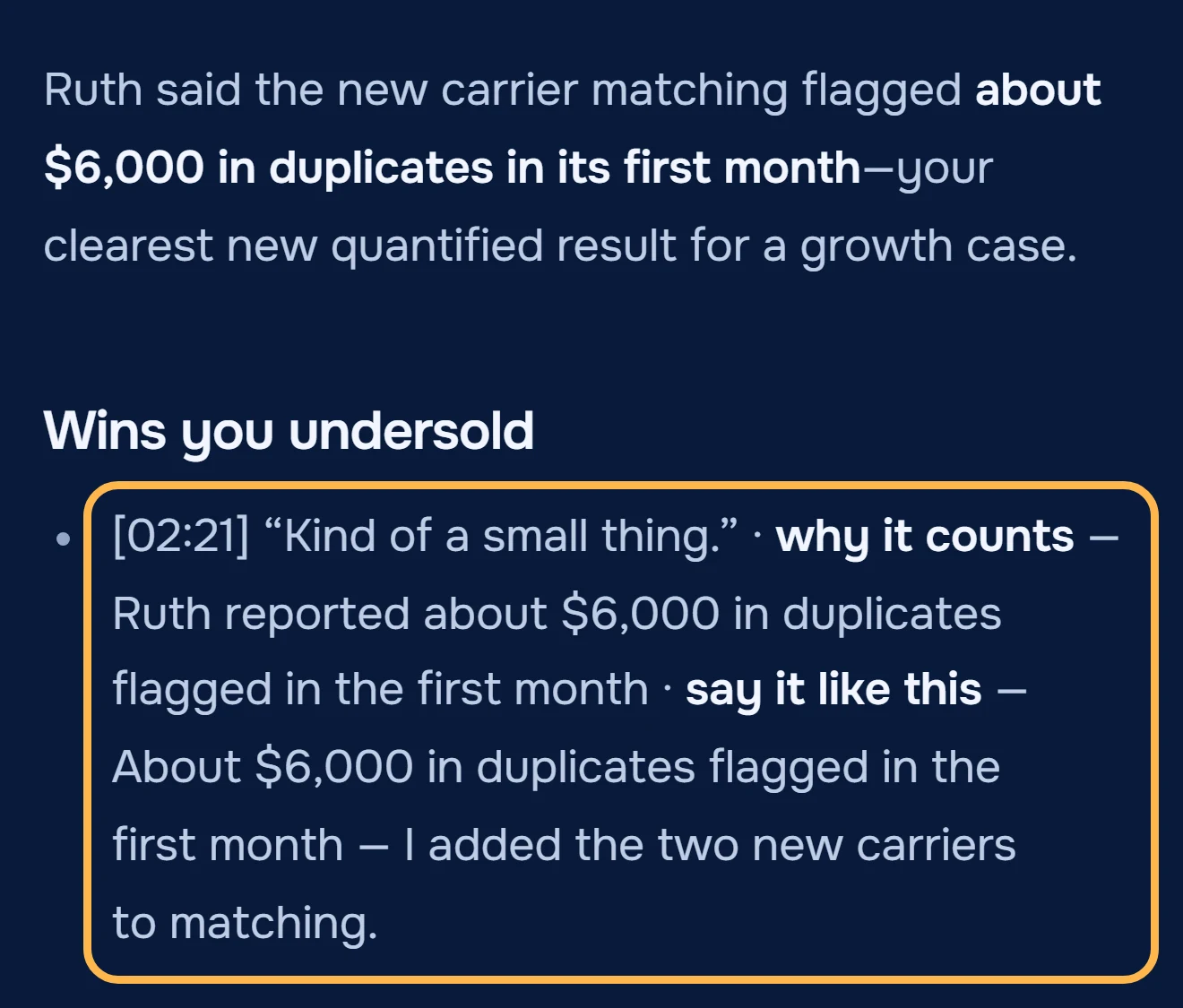 Outcome and Wins you undersold from the September Raise Coach notes: the $6,000 of duplicates Sam called a small thing at 02:21, with the line to say instead