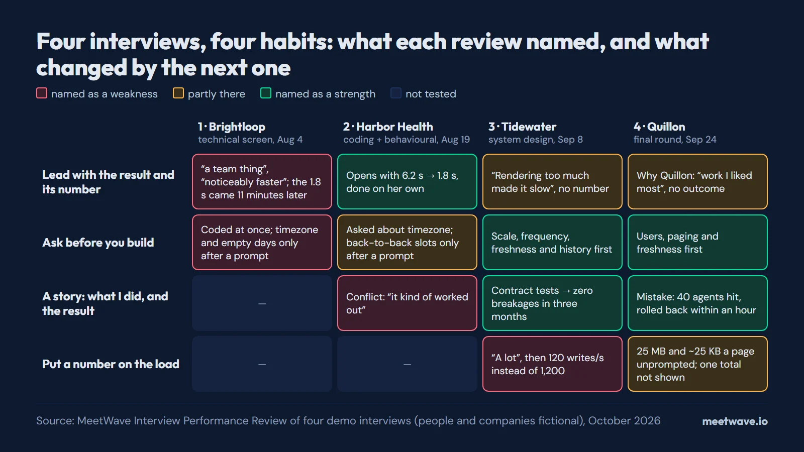 Grid of four habits by four interviews: lead with the number, ask before you build, a story with your action and result, put a number on the load; red turning green from interview 1 to 4