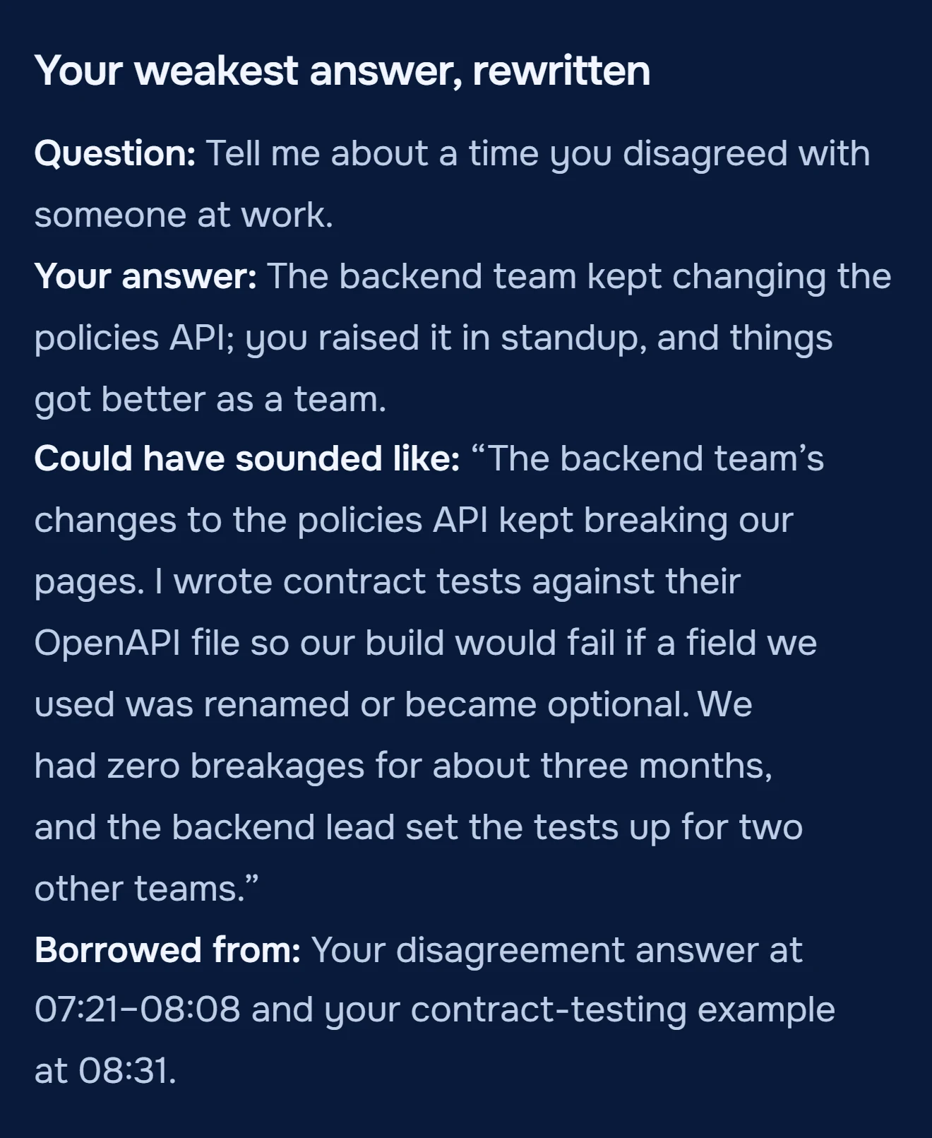 Your weakest answer, rewritten, from the Harbor Health review: the disagreement question rebuilt from the contract tests Maya mentioned later