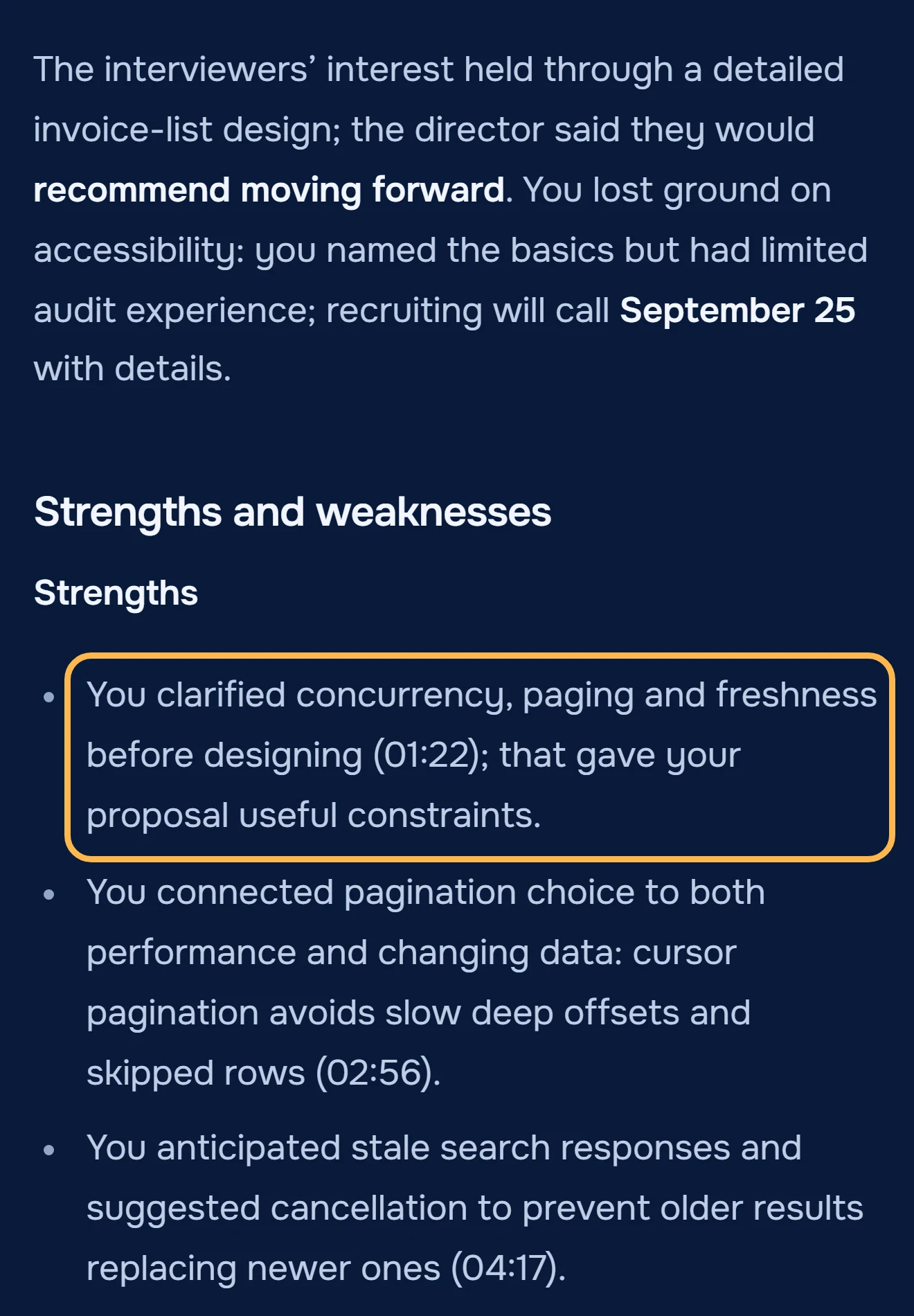Outcome and strengths from the Quillon final-round review: clarified concurrency, paging and freshness before designing; the director said they would recommend moving forward