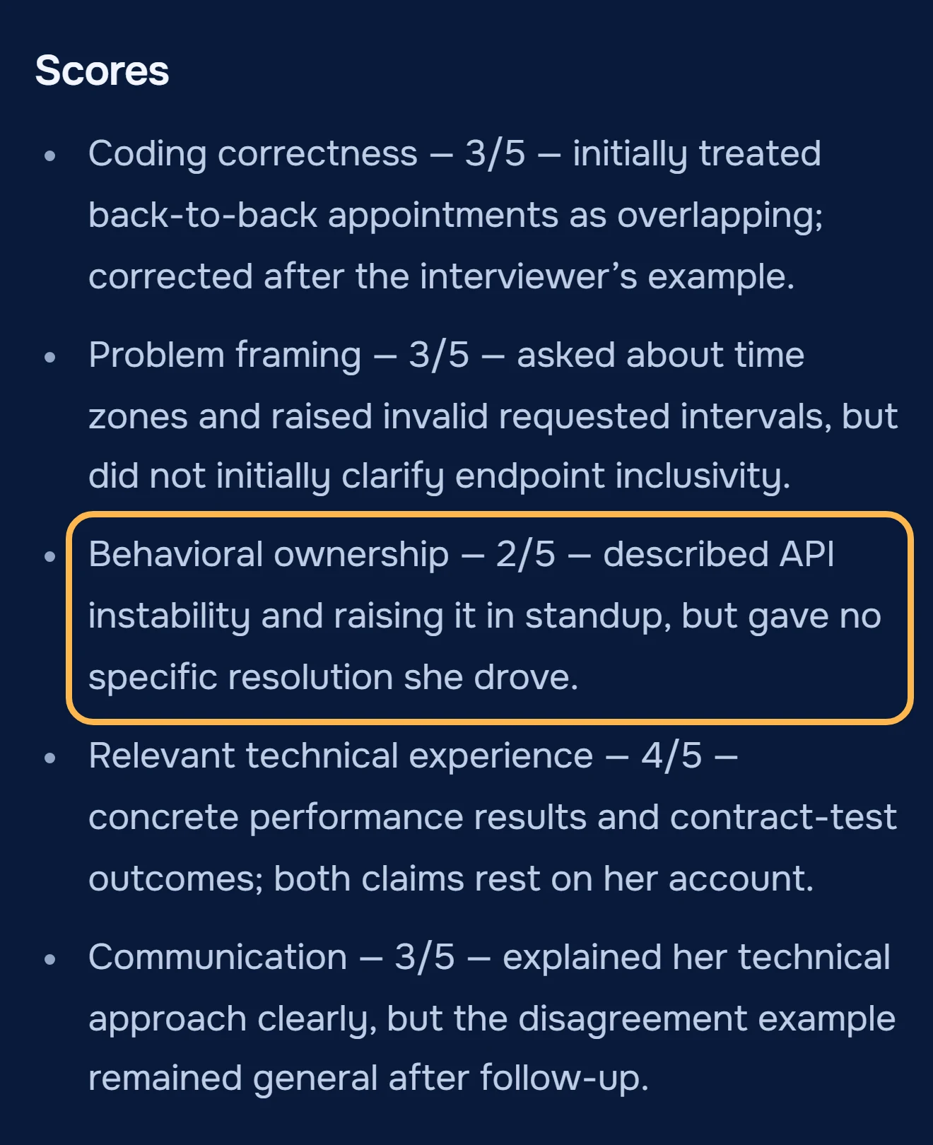 Scores from the Harbor Health interview scorecard: behavioral ownership 2 of 5 for a disagreement story with no resolution she drove, relevant technical experience 4 of 5