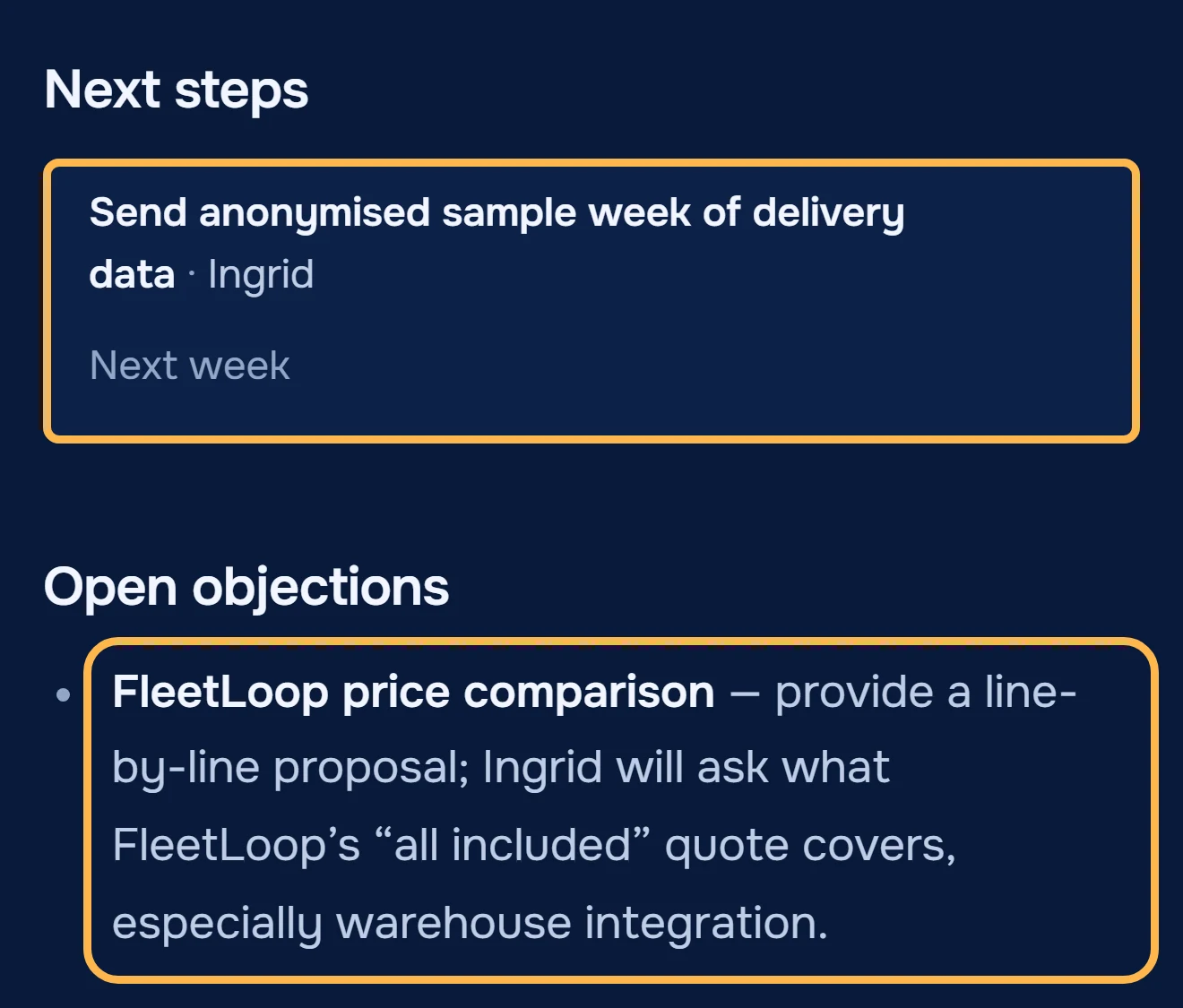 Next steps and open objections from the Routewise call notes: Ingrid's sample week task and the FleetLoop price comparison are ringed
