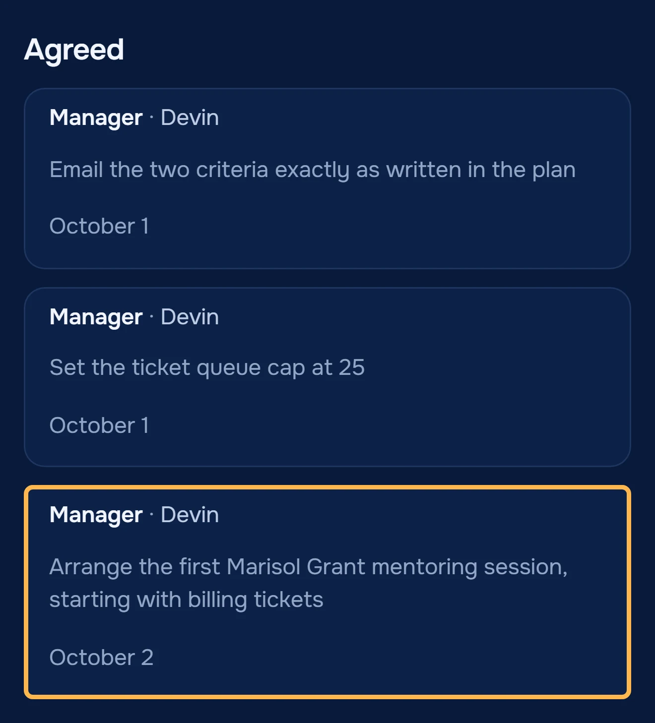Agreed table of the week 1 notes: the manager arranges the first mentoring session with Marisol Grant, by October 2
