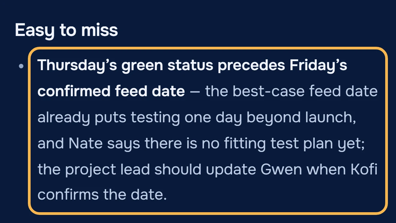 Easy to miss block from the week-2 status notes: Thursday's green status precedes Friday's confirmed feed date, and the best-case date already puts testing one day beyond launch