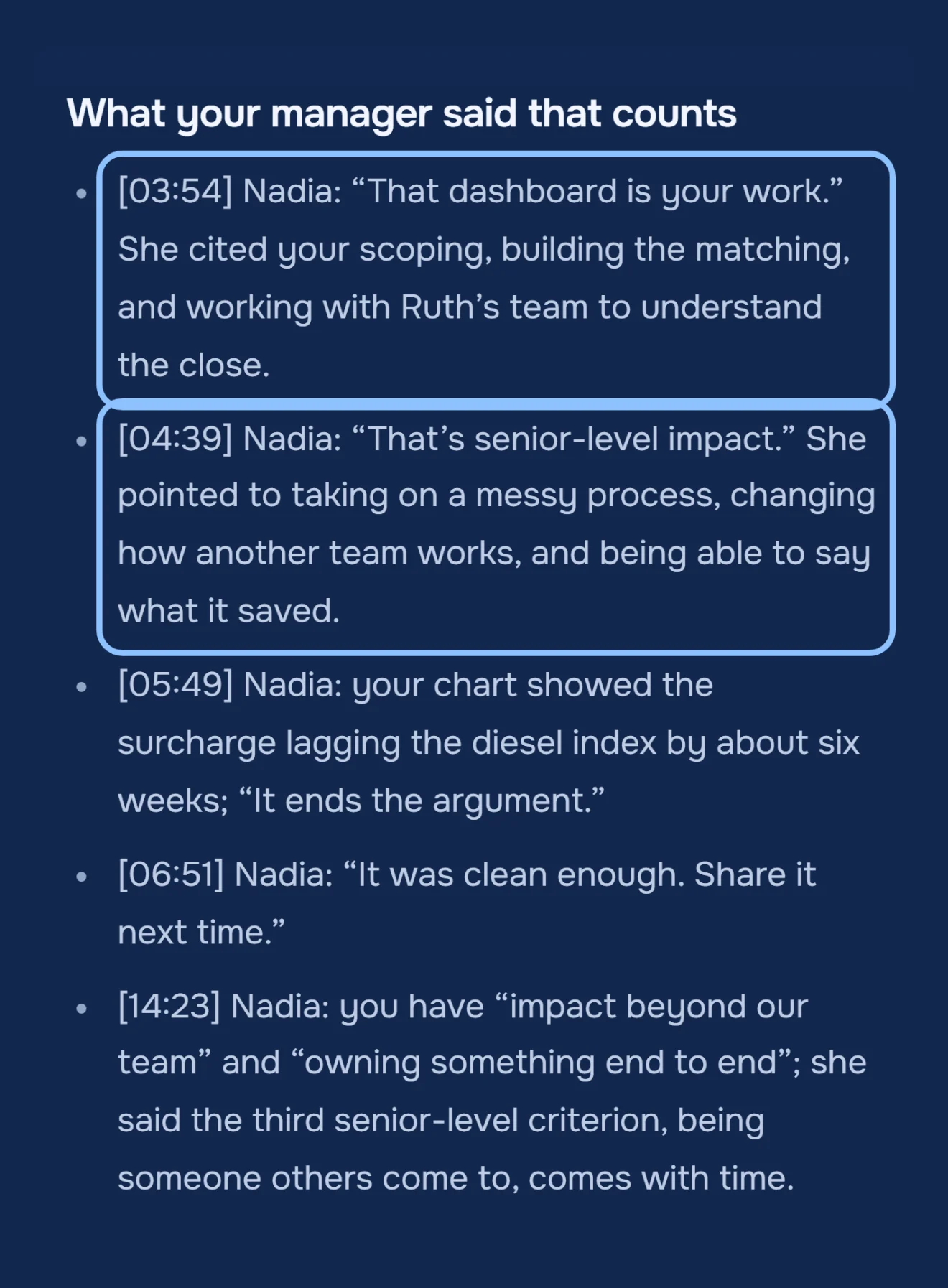 What your manager said that counts block from the May notes of a demo 1:1: Nadia's words at 03:54 and 04:39 highlighted, with three more quotes