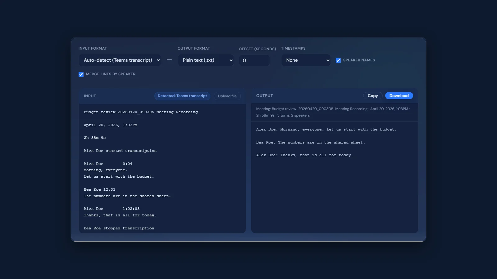 The MeetWave Teams transcript converter with a sample .docx turned into plain text with speaker names
