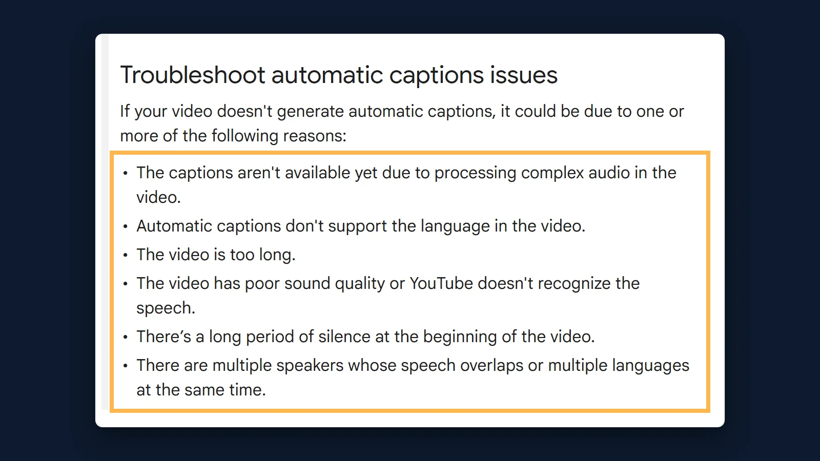YouTube Help page section Troubleshoot automatic captions issues listing six reasons a video gets no automatic captions