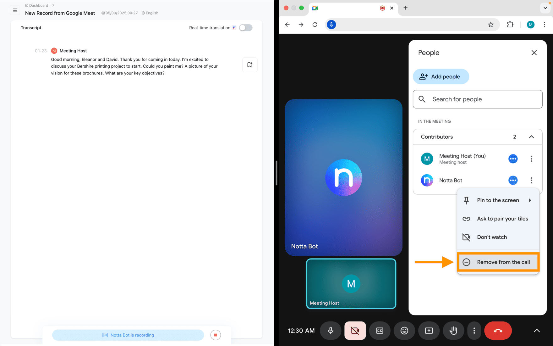 Google Meet People panel listing "Meeting Host (You)" and "Notta Bot" as contributors, with "Remove from the call" highlighted in the menu next to Notta Bot