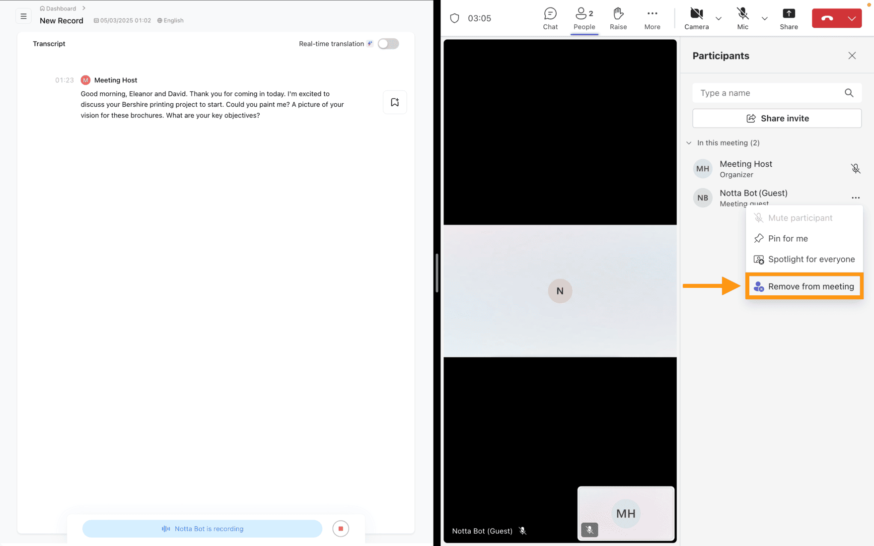 Microsoft Teams Participants panel: "Notta Bot (Guest)" listed as a meeting guest under the organizer, with "Remove from meeting" highlighted