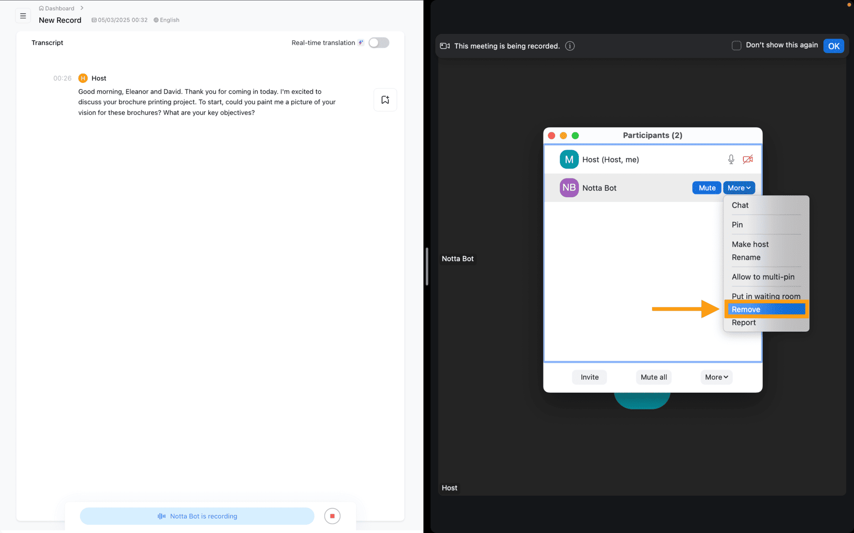 Zoom participant list with "Host (Host, me)" and "Notta Bot"; the More menu next to Notta Bot is open with Remove highlighted, beside the Notta transcript showing "Notta Bot is recording"