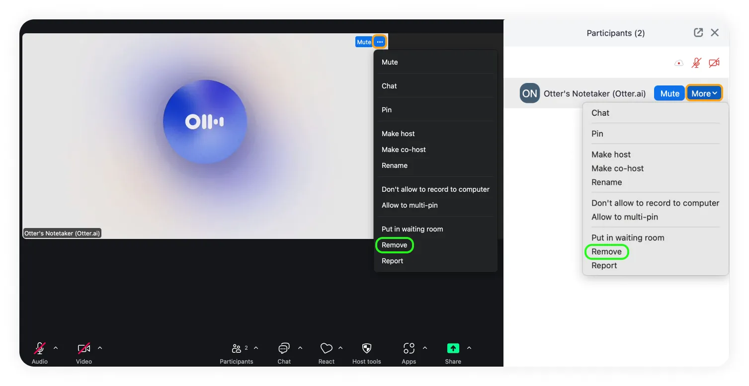 Zoom meeting with the participant list open: "Otter's Notetaker (Otter.ai)" is listed as a participant, and its More menu shows Remove and Put in waiting room